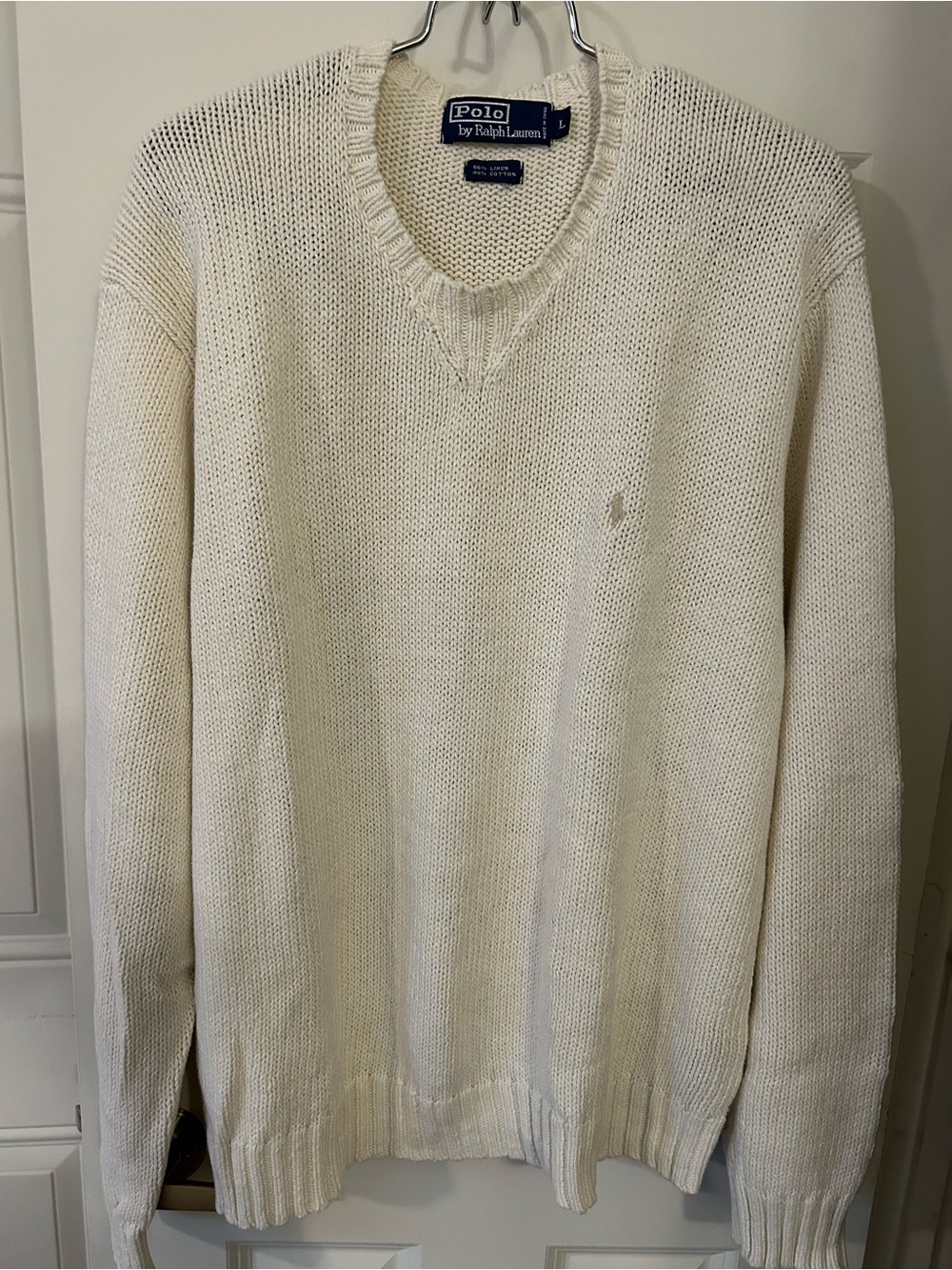 Polo Ralph Lauren Linen Cotton V-Neck Sweater Cream White Men's Large